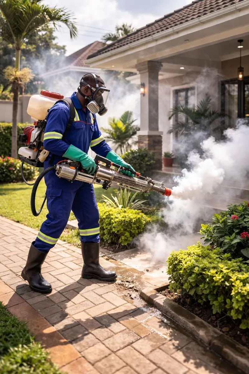 An A&M technician in protective gear fumigating a garden compound